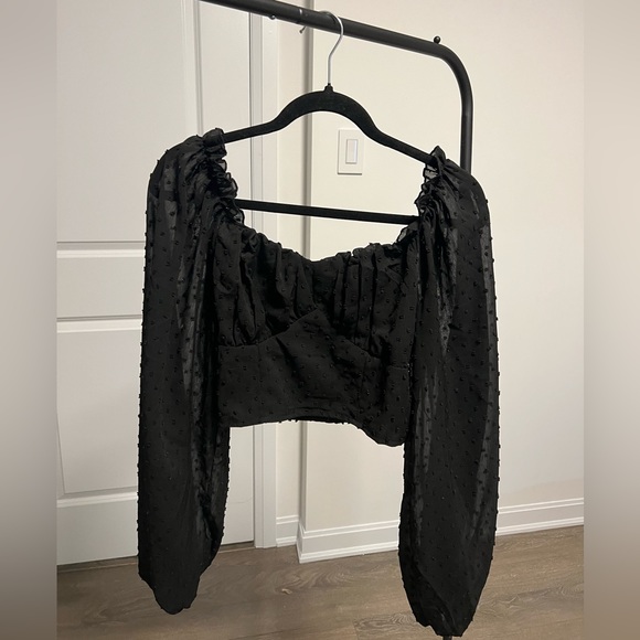 SHEIN Black Swiss dot lettuce trim crop milkmaid Blouse Size M - Picture 2 of 3